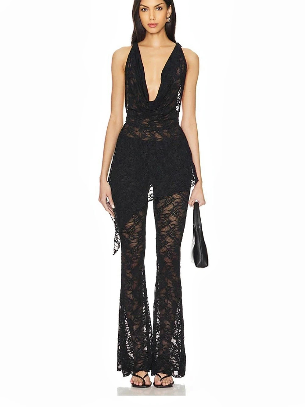 Black Lace Open Back Jumpsuit